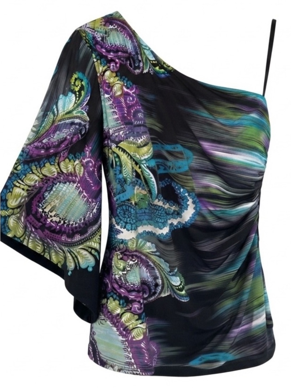 CACHE-One-Shoulder Paisley Print Top in Teal, Purple & Black- LARGE Stretchy fab